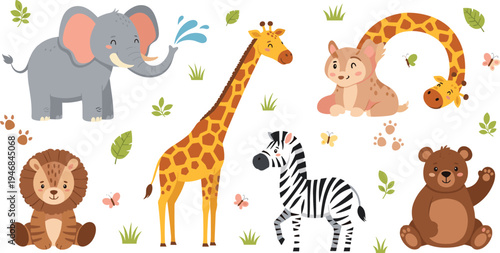 Photography Cute Safari Wild Animals Cartoon Collection Featuring Elephant, Giraffe, Zebra,