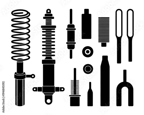 Black silhouettes of various tools and car parts on white background