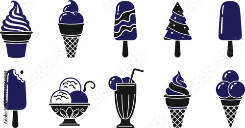 Ice Cream and Frozen Dessert Icon Set with Cones, Popsicles, Sundaes, and Milkshakes for Sweet Treats and Summer Designs