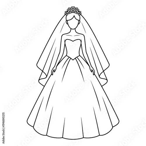 Wedding dress and veil with tiara on head of faceless female figure in illustration