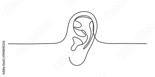Black continuous line drawing vector of human ear on transparent background