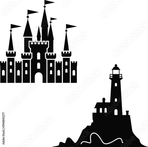 Black and white silhouette of a castle and lighthouse on a cliff d