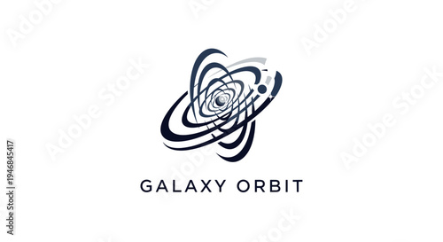 Black and white galaxy orbit logo.