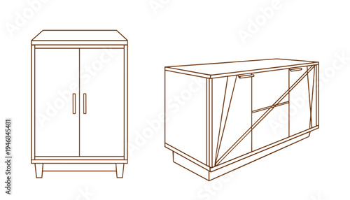 Modern wooden cabinet set with dresser vector furniture isolated on transparent