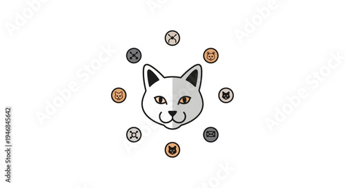 Cartoon cat face with coins floating.