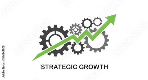 Strategic growth concept with gears and upward trending graph.
