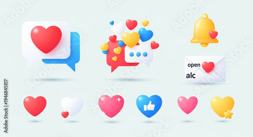 Social media icons and symbols for communication and likes.