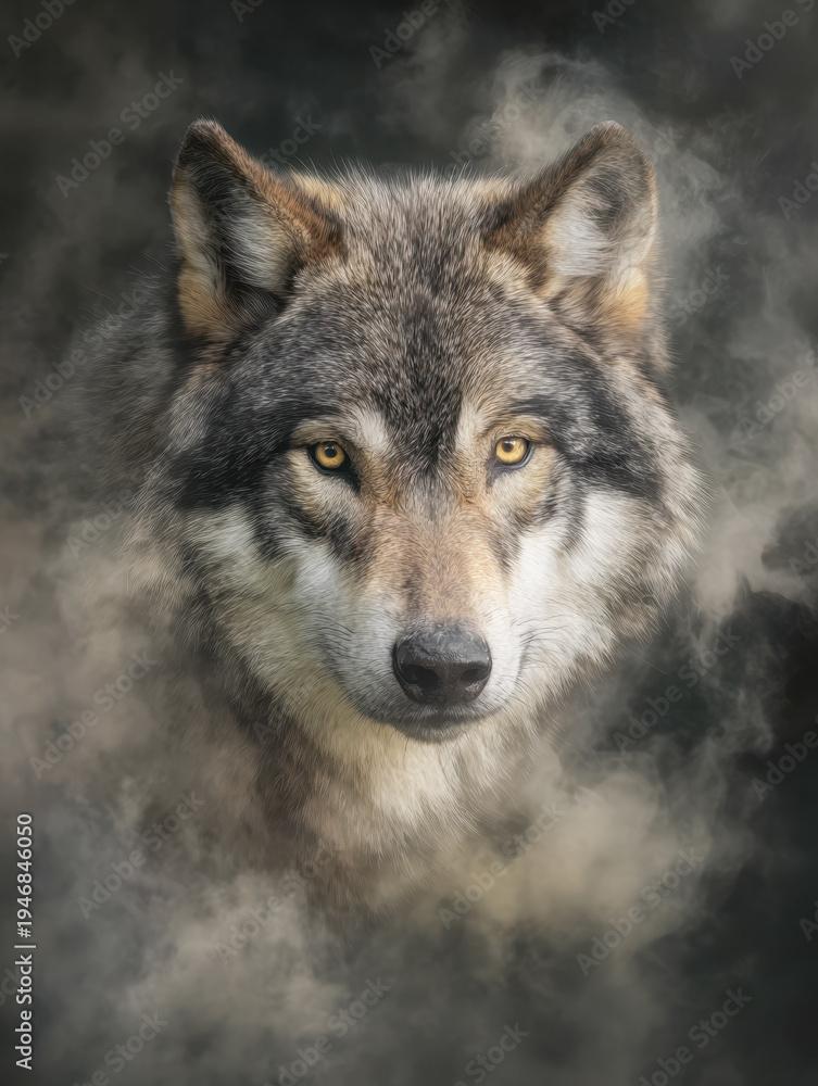Fototapeta premium Majestic gray wolf with piercing yellow eyes emerging from misty fog in a dark mysterious forest background showcasing wild nature strength and beauty