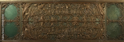 Brass panel with greenish tarnish and intricate details,  metallic,  wear,  patina