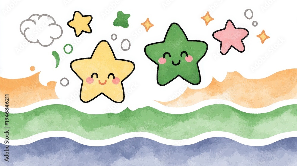 Naklejka premium Cute Cartoon Stars and Clouds with Watercolor Design for Kids