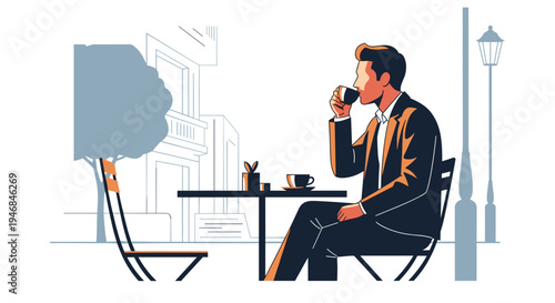 Businessman sitting at a table drinking.