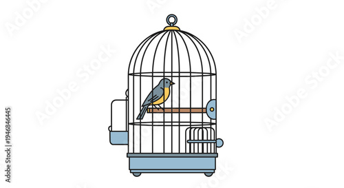 Colorful bird perched on cage bar.