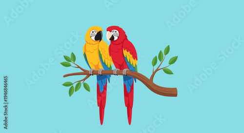 Colorful parrots sitting on branch together.