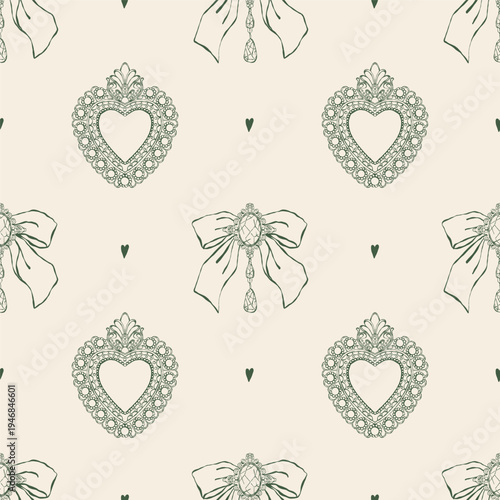 Seamless pattern of sketches of vintage womens jewelry, vector background, paper, and wallpaper. Girly retro accessories in the Rococo style. Brooches, pendants, bows, and pearls. Vector illustration