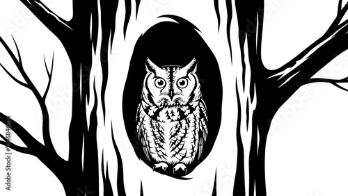 Black and White Illustration of an Owl in a Tree Hollow