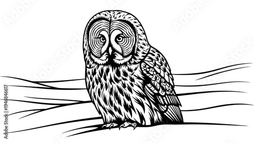 Great Grey Owl Perched on a Branch, Black and White Illustration