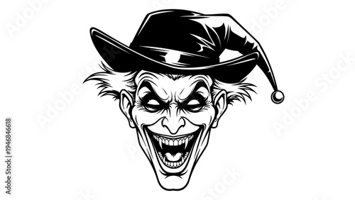 Evil Jester Clown Face with Fangs and Hat - Dark, Menacing, Horror