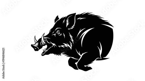Fierce Wild Boar Running Aggressively, Black Silhouette on White Background, Dynamic Action