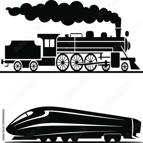 Black and white train and steam locomotive bullet train de