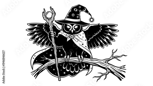 Magical Owl Wizard with Staff and Starry Hat on Branch - Black and White Illustration