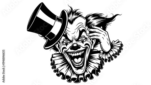 Scary Clown with Top Hat and Ruffled Collar, Horror, Evil Grin, Black and White Vector Art