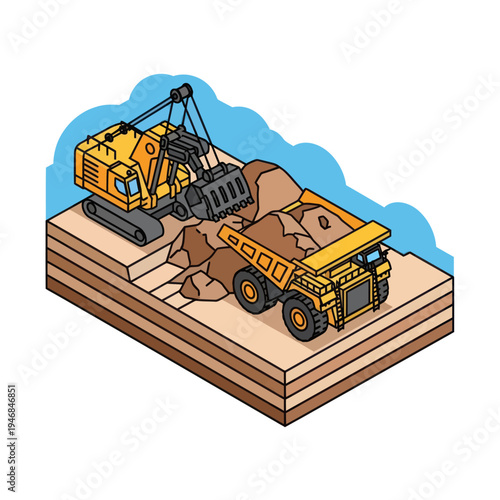 Yellow Excavator and Dump Truck Illustration.