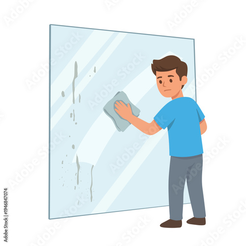 Cartoon illustration of a man cleaning a glass window with a cloth. Household cleaning activity concept showing daily chores, hygiene and home maintenance in simple flat vector style