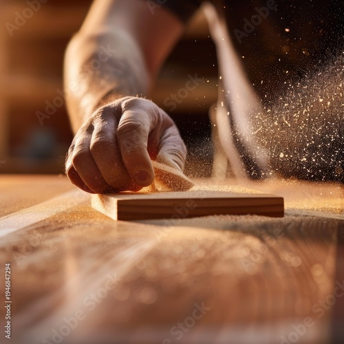 Close-up of a craftsman sanding wood with dust particles in the air.