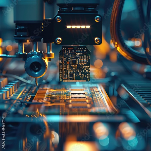 Close-up of a robotic arm placing a microchip onto a circuit board in a high-tech manufacturing facility.