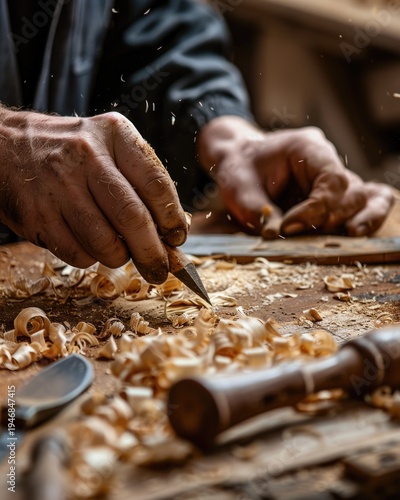 Close-up of a skilled craftsmans hands carving wood with traditional tools.