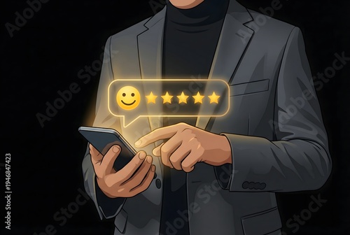 Businessman uses his smartphone to give a five-star rating with a smiley face in a feedback bubble.