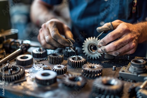 Close-up of a skilled mechanic assembling intricate metal gears in a workshop.