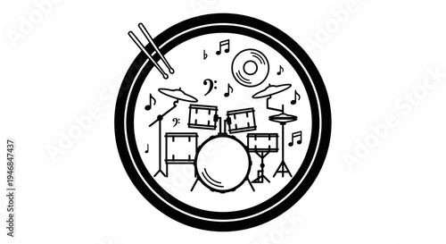 Drum set with musical notes drawing.