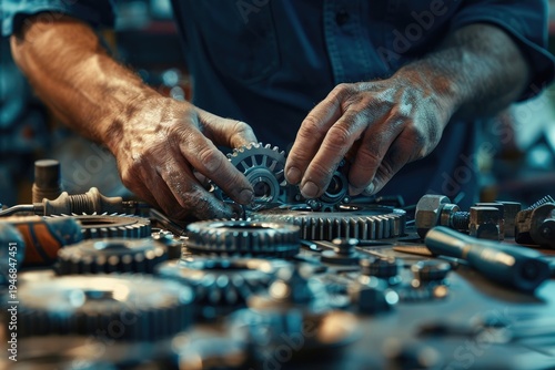 Close-up of a skilled mechanics hands assembling intricate metal gears and machine parts on a workbench.