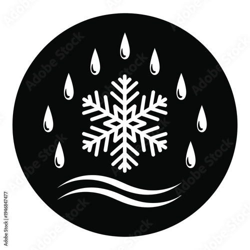 Snowflake design with raindrops on black circular background icon