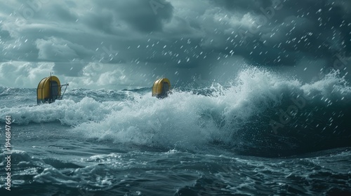 Dramatic Ocean Waves with Buoys Under a Stormy Sky.
