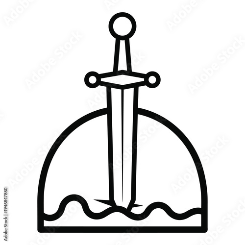 Sword stuck in water with wave and hilt up  symbol of struggle icon