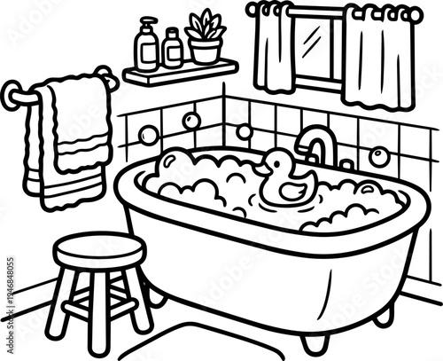 Black and white line art bathroom corner with filled bubble bath rubber duck towels and window curtain shelf stool