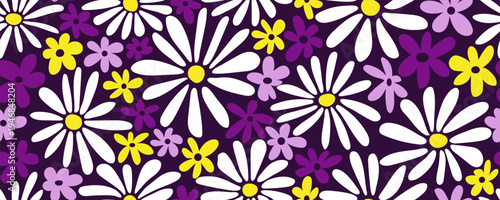 Seamless pattern with groovy daisy flowers on dark. Hippie retro style floral print. Great for fabric, textiles, wrapping paper