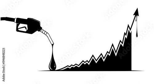 Minimalist illustration of a fuel pump nozzle dripping oil that forms a rising graph arrow, symbolizing increasing fuel prices, energy costs, and economic pressure