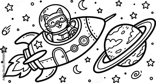 Cute cartoon cat wearing goggles flying rocket ship in outer space with planet and stars playful space adventure drawing
