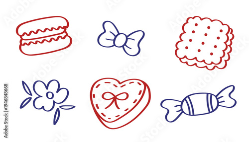 Retro dessert set with cupcake, biscuit, candy and heart cookie