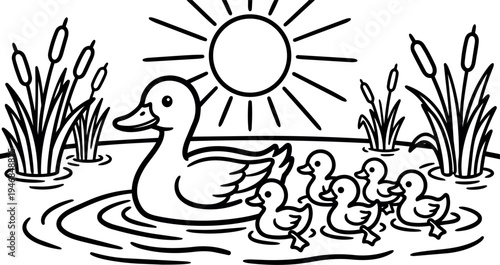 Black line art mother duck swimming with six ducklings in pond with cattails and shining sun above water surface vector illustration