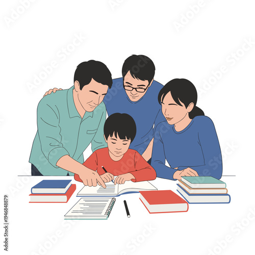 Family helping child with homework.