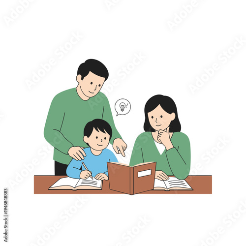 Family doing homework together at home.