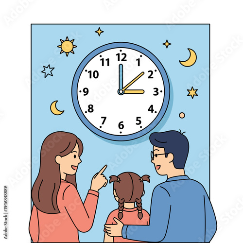 Family looking at a clock together.