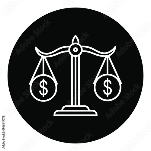 Balance scale with dollar sign weights on both sides in circle icon