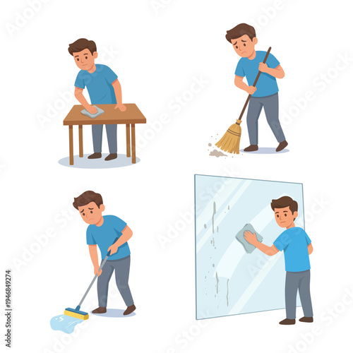 Set of cartoon illustrations showing a man doing household cleaning activities such as sweeping the floor, mopping, wiping a table, and cleaning a window. Daily chores concept in flat vector style