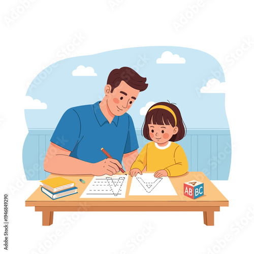 Father teaching daughter to draw shapes.