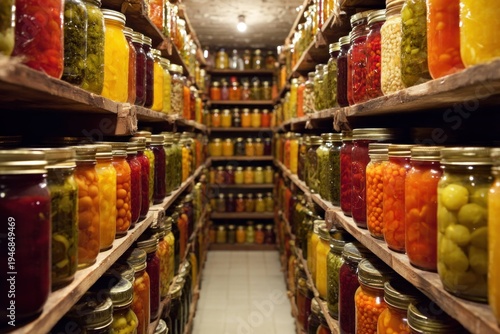 Glass jars with preserved fruits and vegetables neatly arranged on wooden shelves in a cellar for long term storage and food preservation.